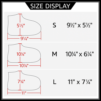 US shoe cover size chart displaying dimensions and shoe size conversions in inches for small, medium, and large silicone waterproof shoe covers