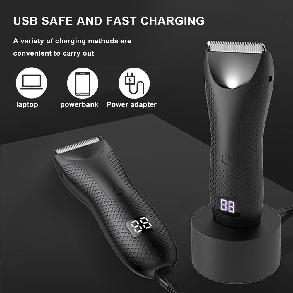 Digital trimmer displayed with USB charging setup showing compatibility with laptops, power banks, and adapters.