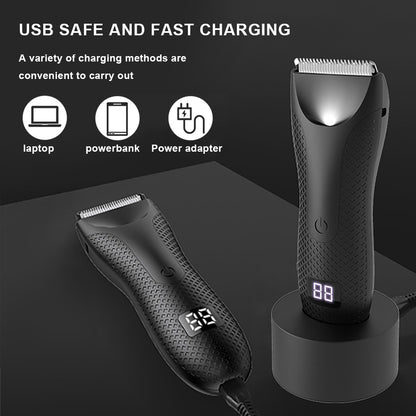 Digital trimmer displayed with USB charging setup showing compatibility with laptops, power banks, and adapters.