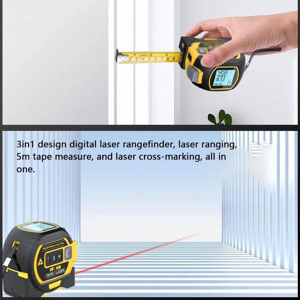 Person using yellow 3-in-1 laser tape measure on wall and floor alignment