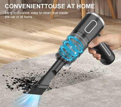 Handheld wireless vacuum cleaning carpet debris with visible suction effect in living room