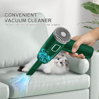  Green portable vacuum cleaner removing dust and cat hair from white couch
