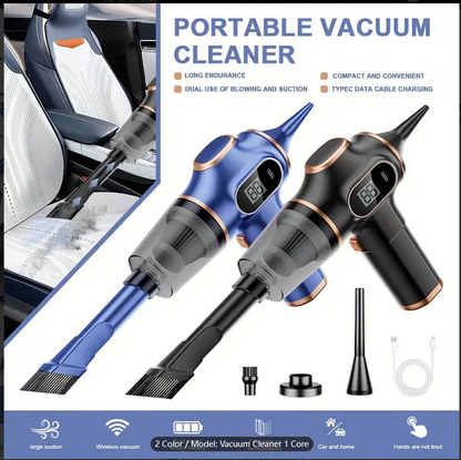 Blue and black vacuum cleaners used in car interior with feature highlights below