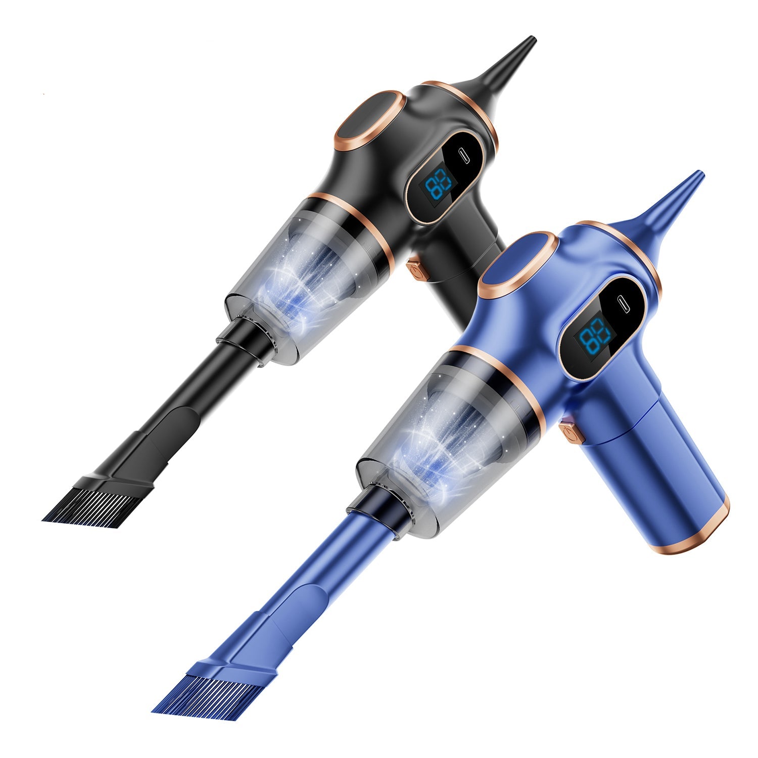 Blue and black portable vacuum cleaners side by side with digital display and extended nozzles