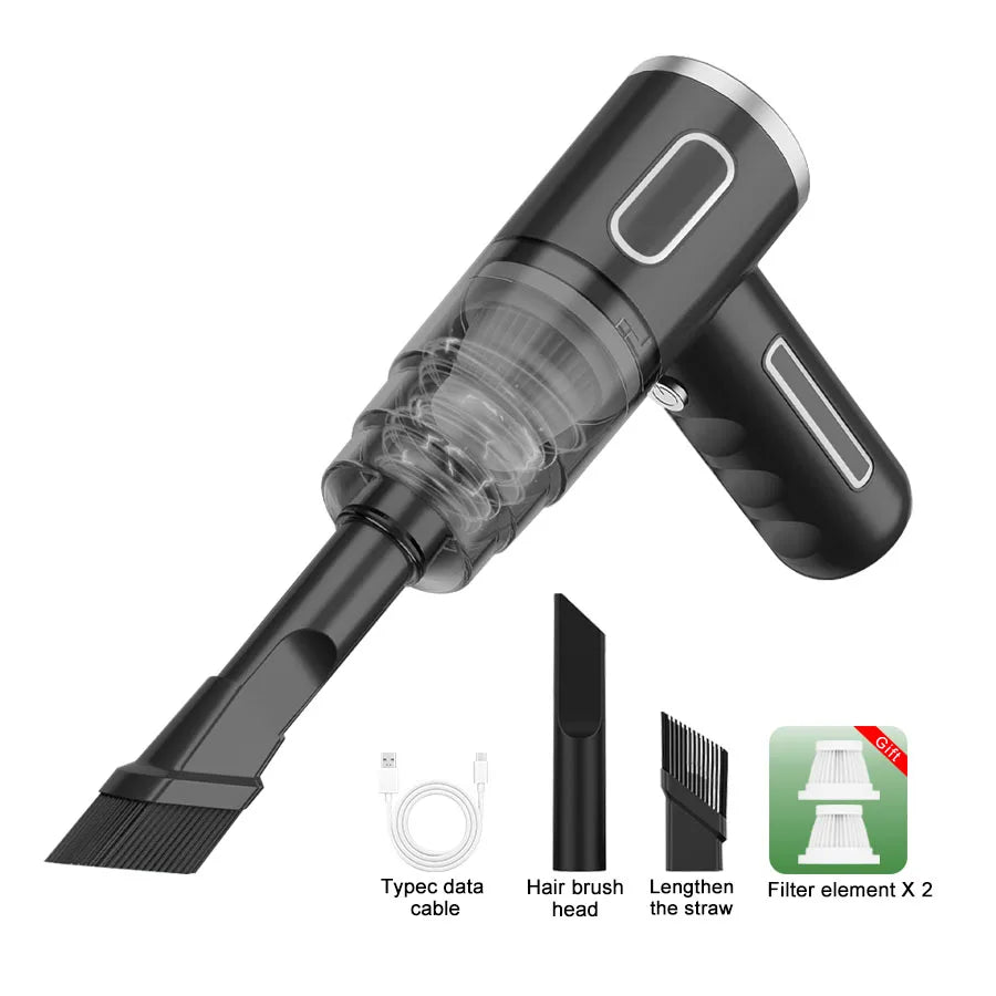 Black portable vacuum cleaner with accessories shown including filters, brush, and USB cable