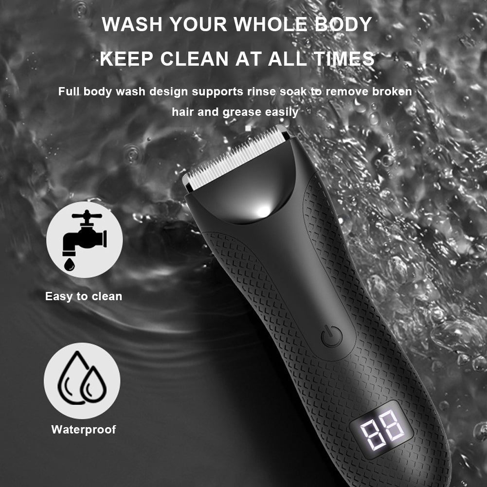 Waterproof trimmer being washed under water to highlight its easy-clean design with full-body rinse support.