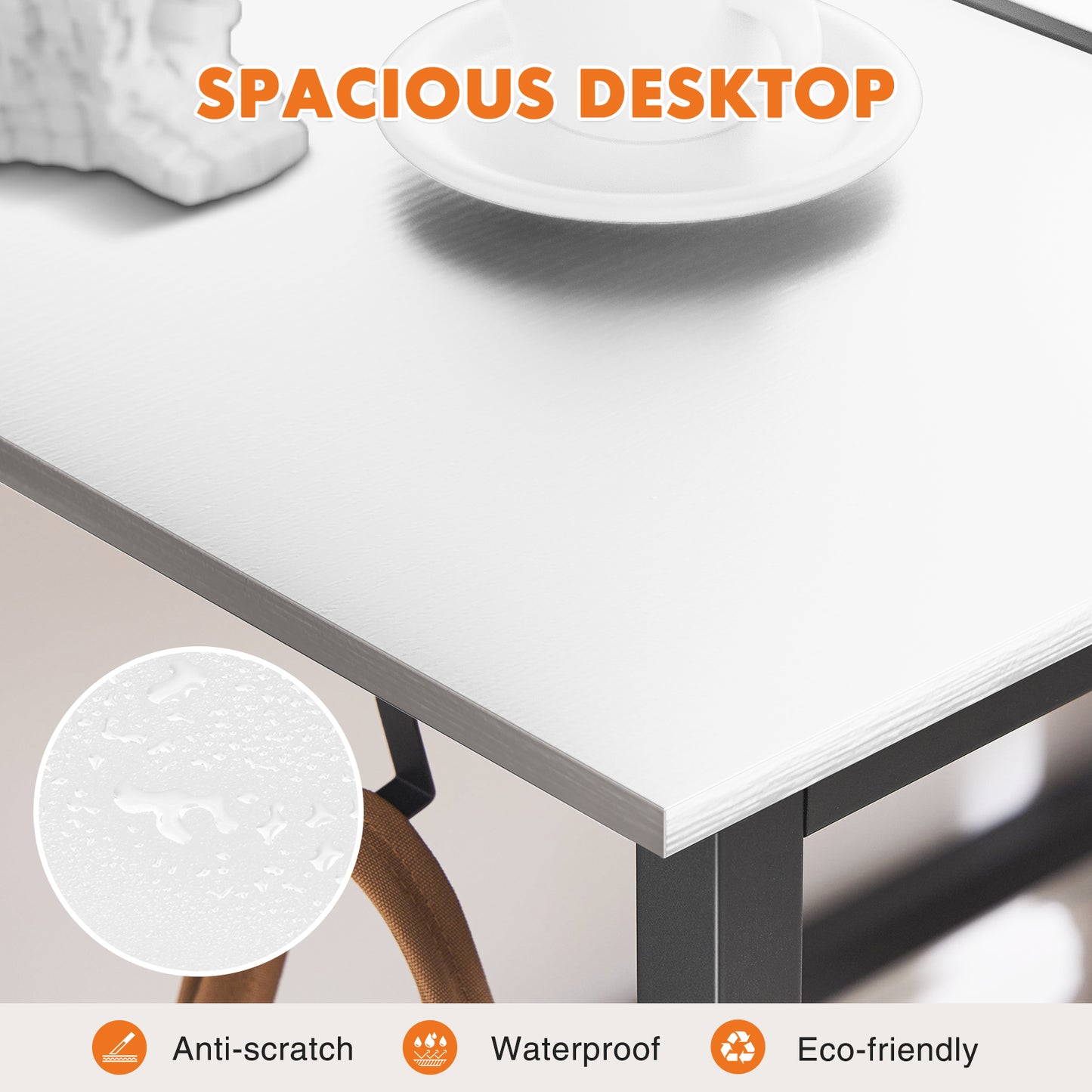 Close-up of anti-scratch and waterproof white desktop surface with icons and text