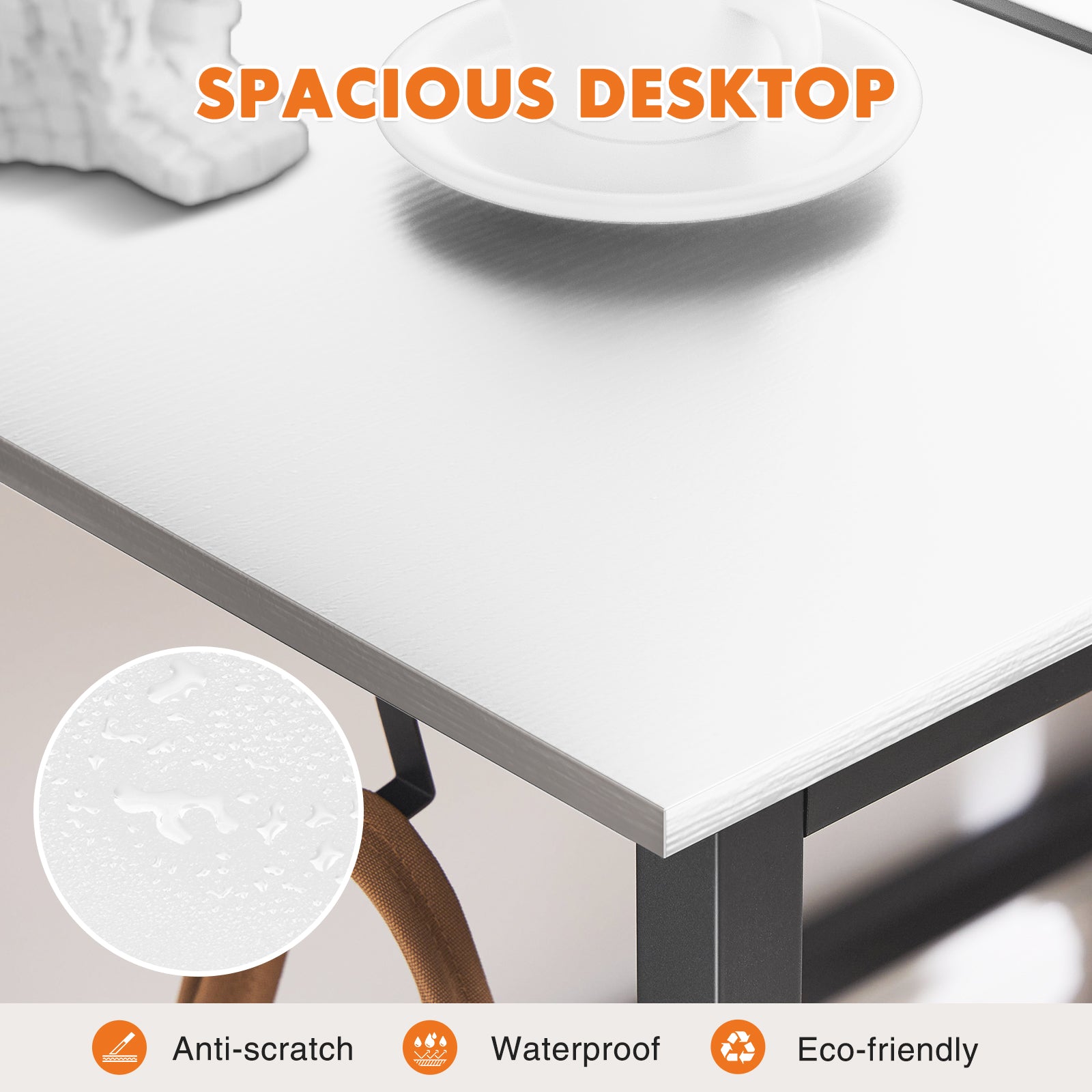 Close-up of anti-scratch and waterproof white desktop surface with icons and text