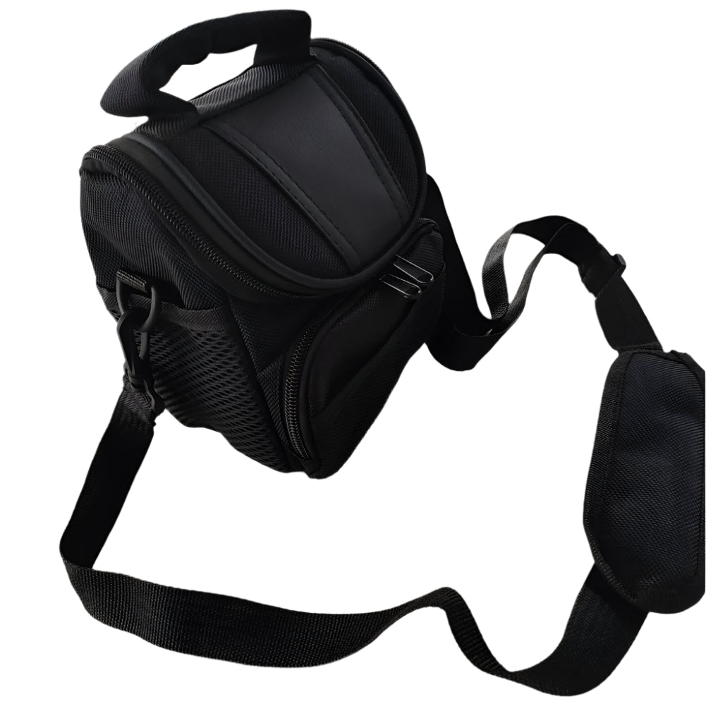 Close-up view of a black waterproof shoulder camera bag with padded handle and adjustable strap, designed for DSLR or mirrorless cameras. The bag features durable polyester fabric and front zipper pocket.