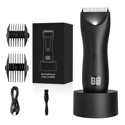 Waterproof electric hair trimmer set with digital display, two guide combs, USB charging cable, cleaning brush, and charging base included.