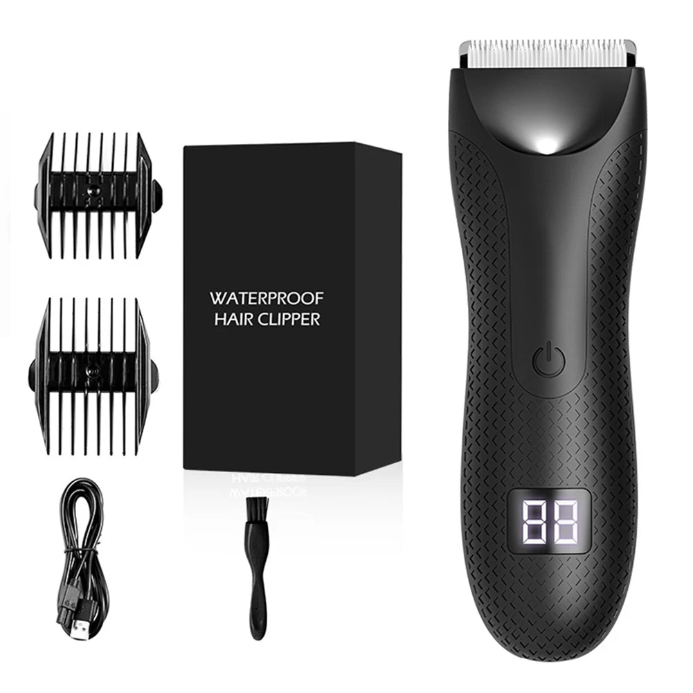 Complete flat-lay of waterproof digital hair trimmer set showing clipper, accessories, and retail packaging.