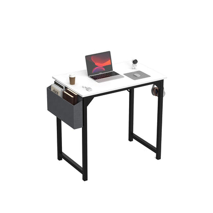 White computer desk with gray side organizer, laptop, and coffee cup on a clean white surface