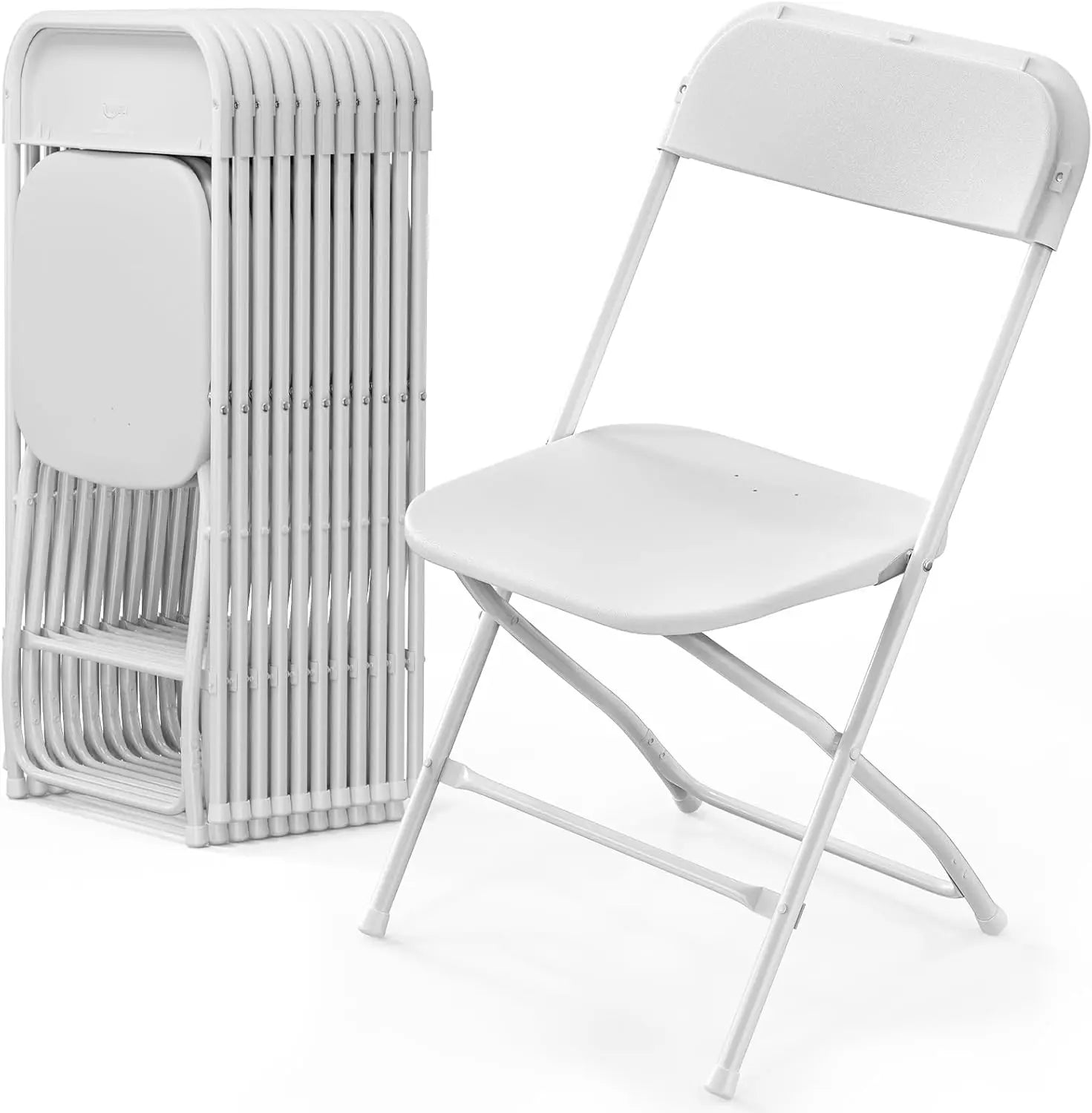 White plastic folding chair set of 10 with one chair unfolded