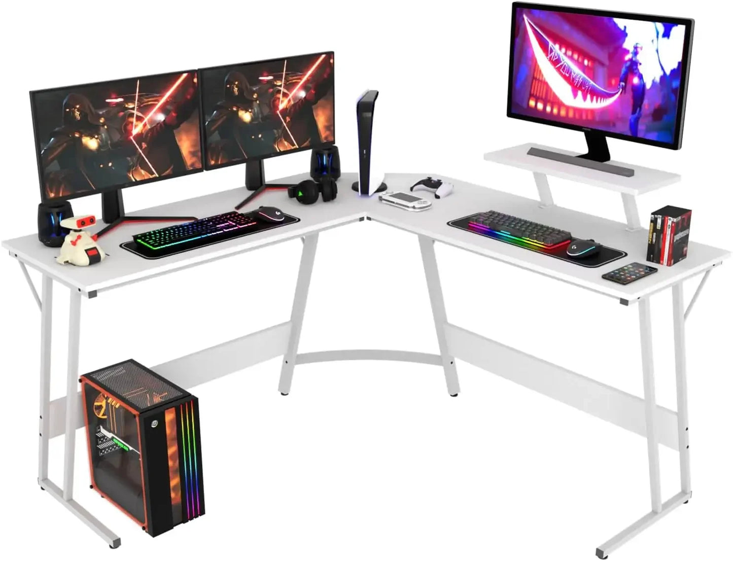 White L-shaped gaming desk with triple monitor setup and RGB keyboard.