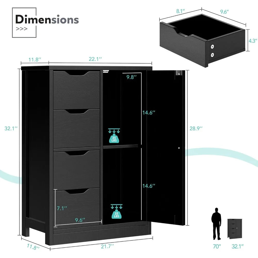 Diagram of cabinet dimensions and shelf heights labeled with weight capacity