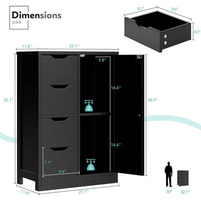 Diagram of cabinet dimensions and shelf heights labeled with weight capacity
