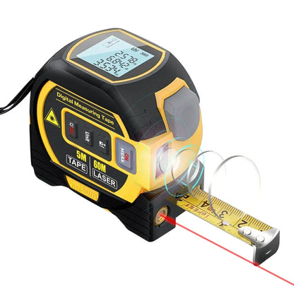 Yellow 3-in-1 laser rangefinder displaying laser beam and LCD screen