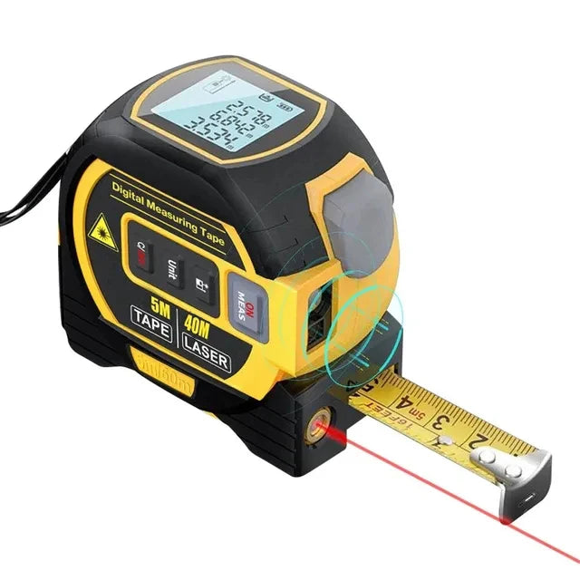 Yellow 3-in-1 laser rangefinder with laser beam and extended tape