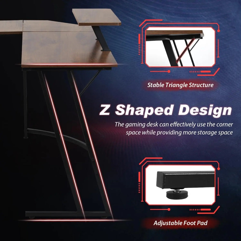 Close-up of Z-shaped gaming desk frame with stable triangle support design.